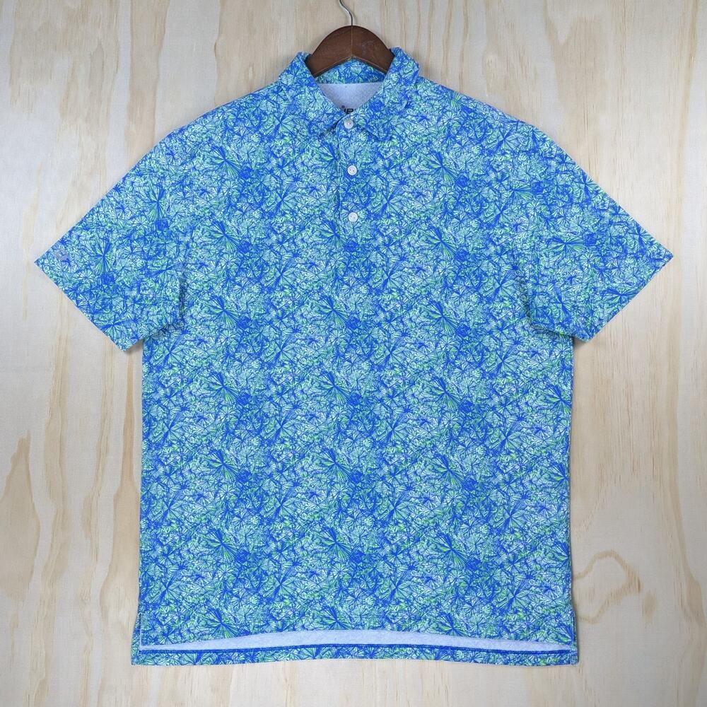IBKUL Men's Large Polo Shirt Short Sleeve Blue Green Abstract UPF 50+ Golf